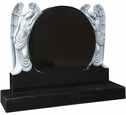 A circular headstone flanked by angels — Black Granite, catalogue reference WG81